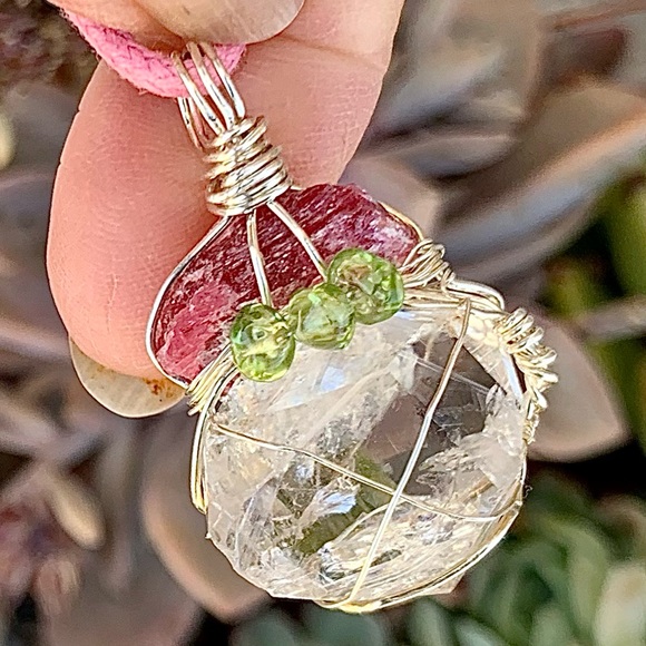 Rhodocrosite, Herkimer Diamond & Peridot Necklace - Picture 11 of 13